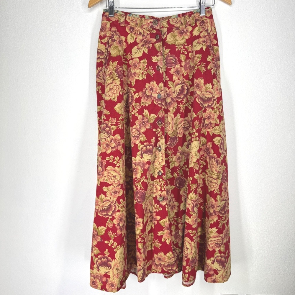 Vintage Boho Floral Button Maxi Skirt Women 8 High Waist Cottage Country Prairie